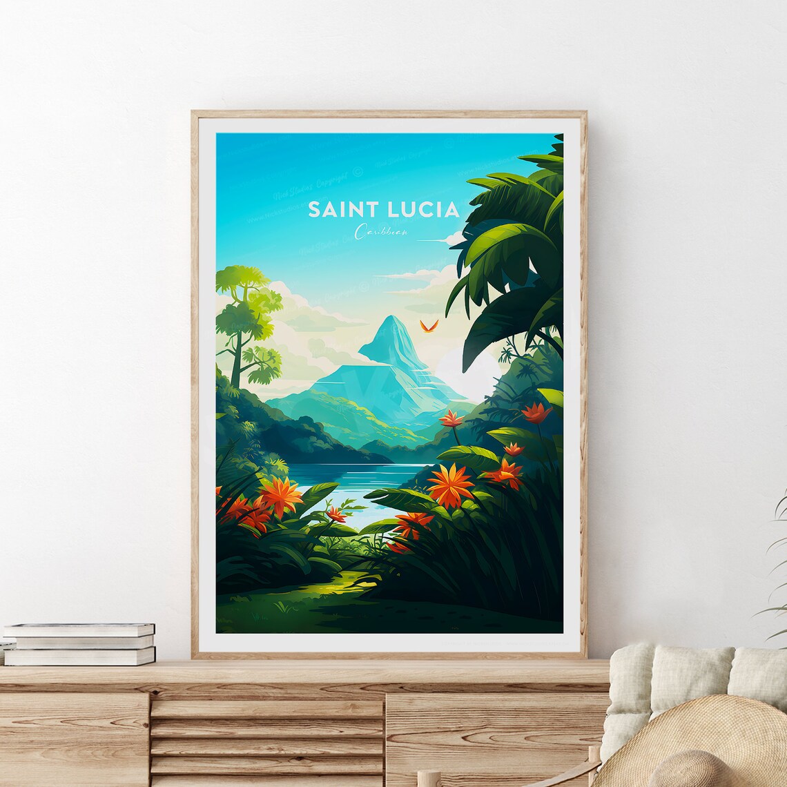 Saint Lucia Caribbean Pitons Tropical Garden Orange Flowers Travel Poster - Image 2