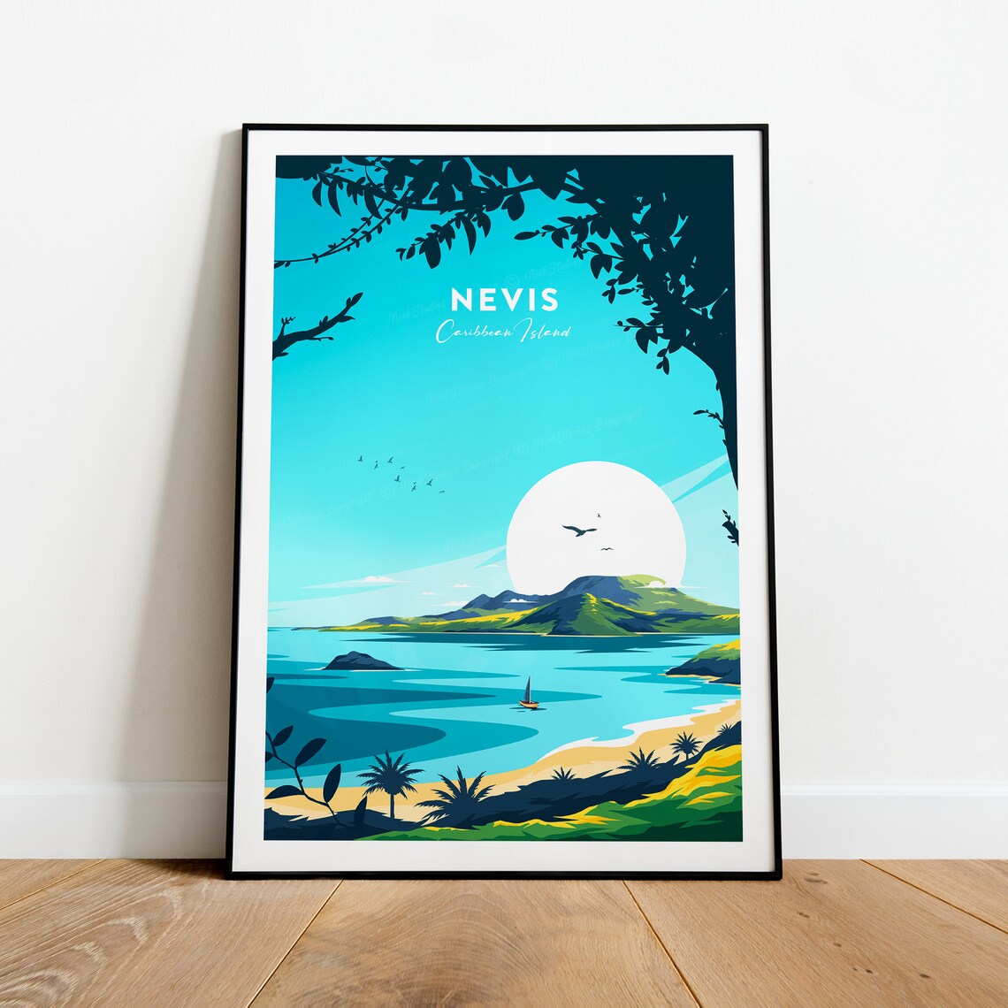 Nevis Caribbean Island Volcano Bay Tropical Sunset Travel Poster - Image 2