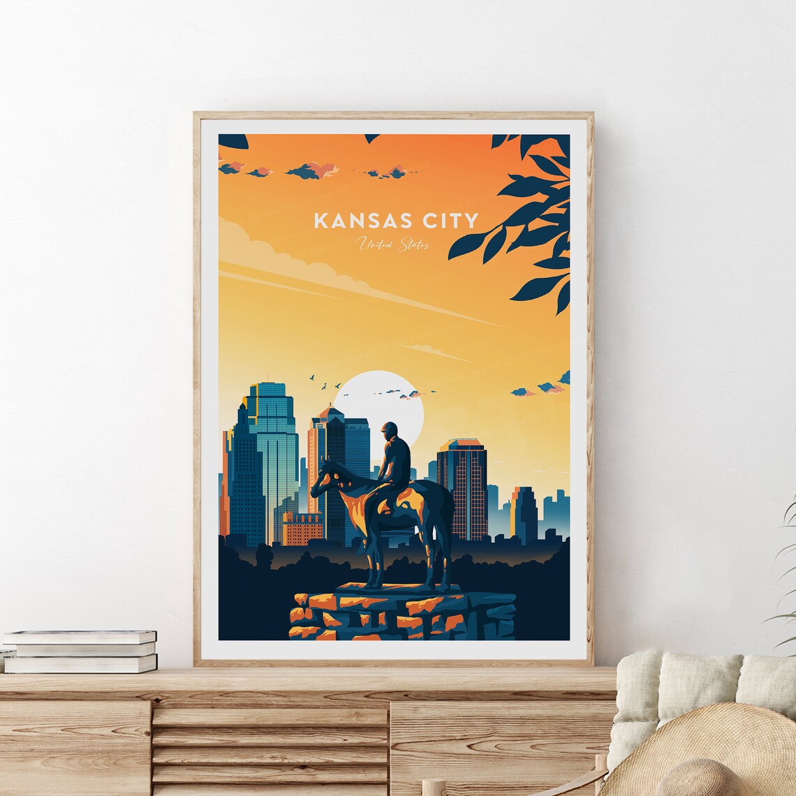 Kansas City Equestrian Statue Sunset Skyline City Travel Poster