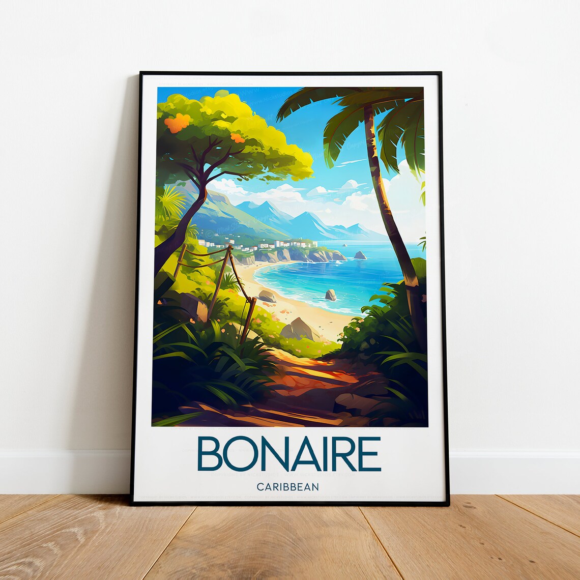 Sunny Bonaire Caribbean Tropical Beach Palm Trees Travel Poster - Image 2