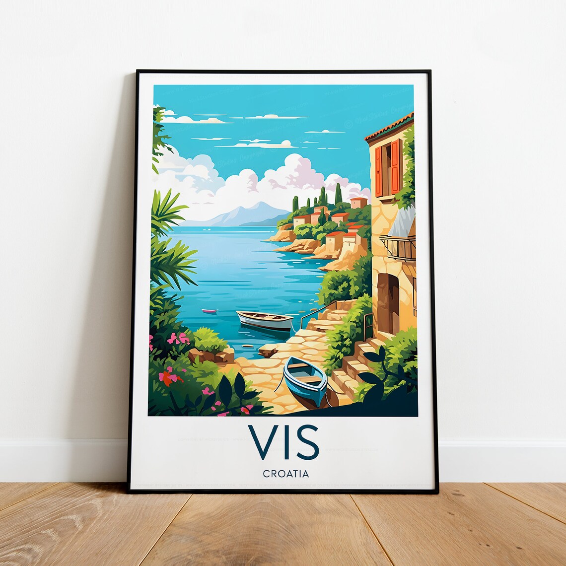 Vis Croatia Sunny Adriatic Coastal Village and Boats Travel Poster