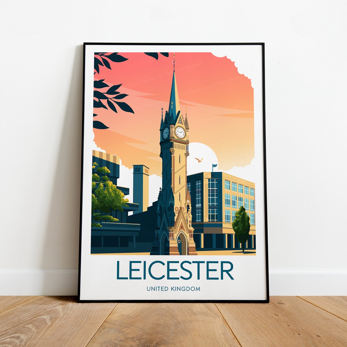 Leicester Historic Clock Tower Sunset City Skyline Travel Poster
