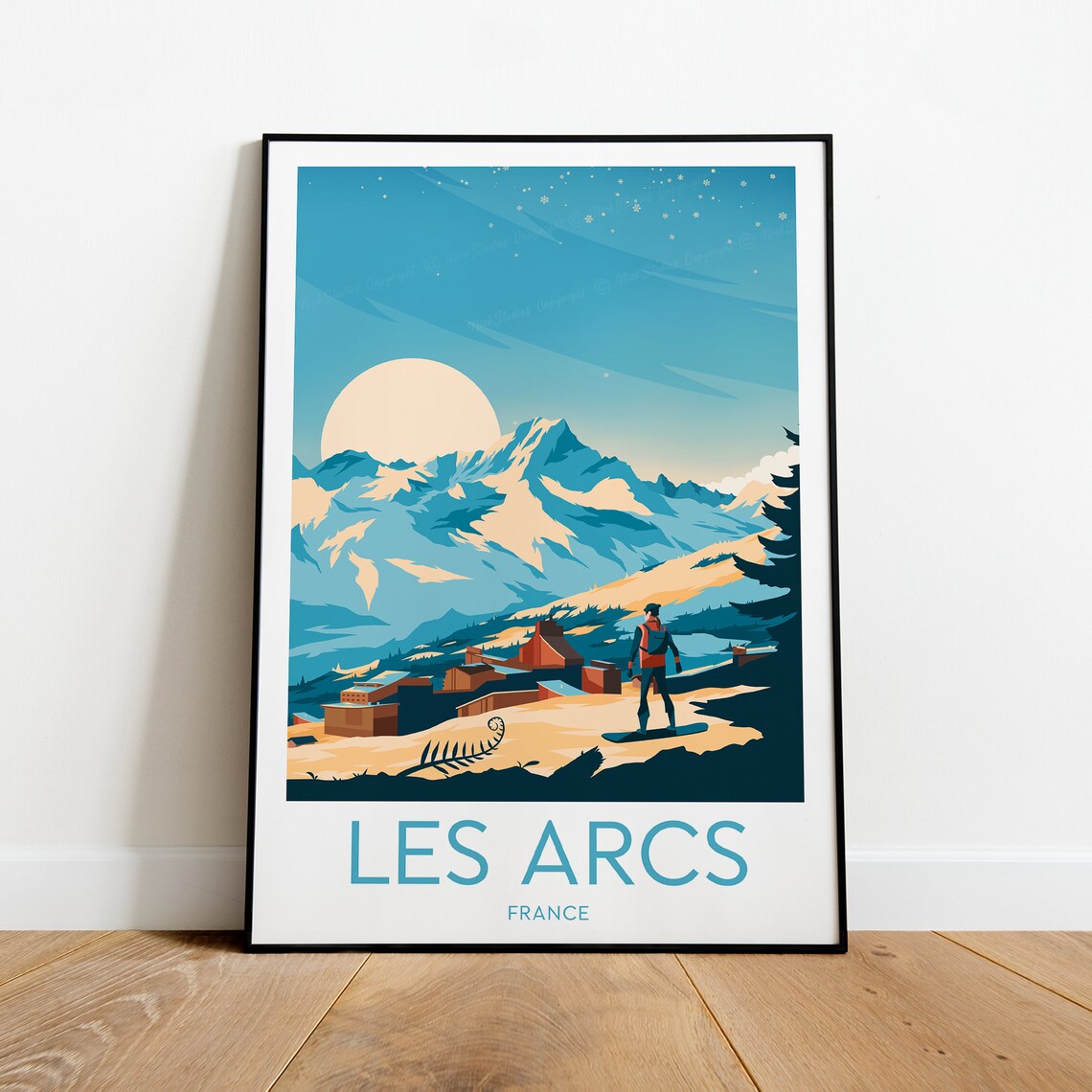 Les Arcs France Ski Resort Snowboarder Alpine Peaks Travel Poster