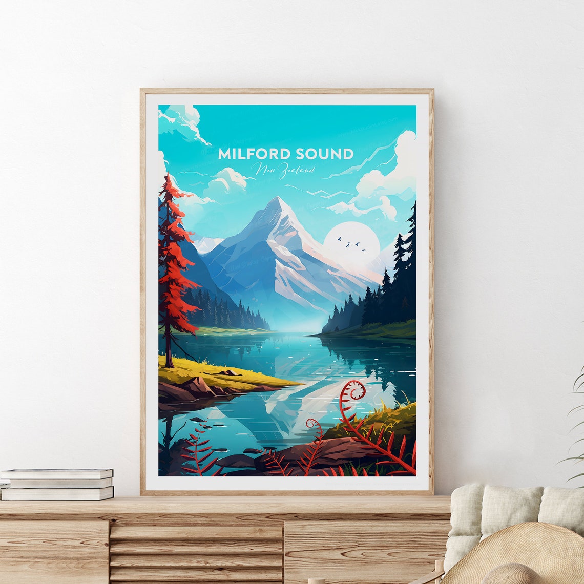 Milford Sound Traditional Travel Print New Zealand Milford Sound Poster New Zealand Art Wedding Gift