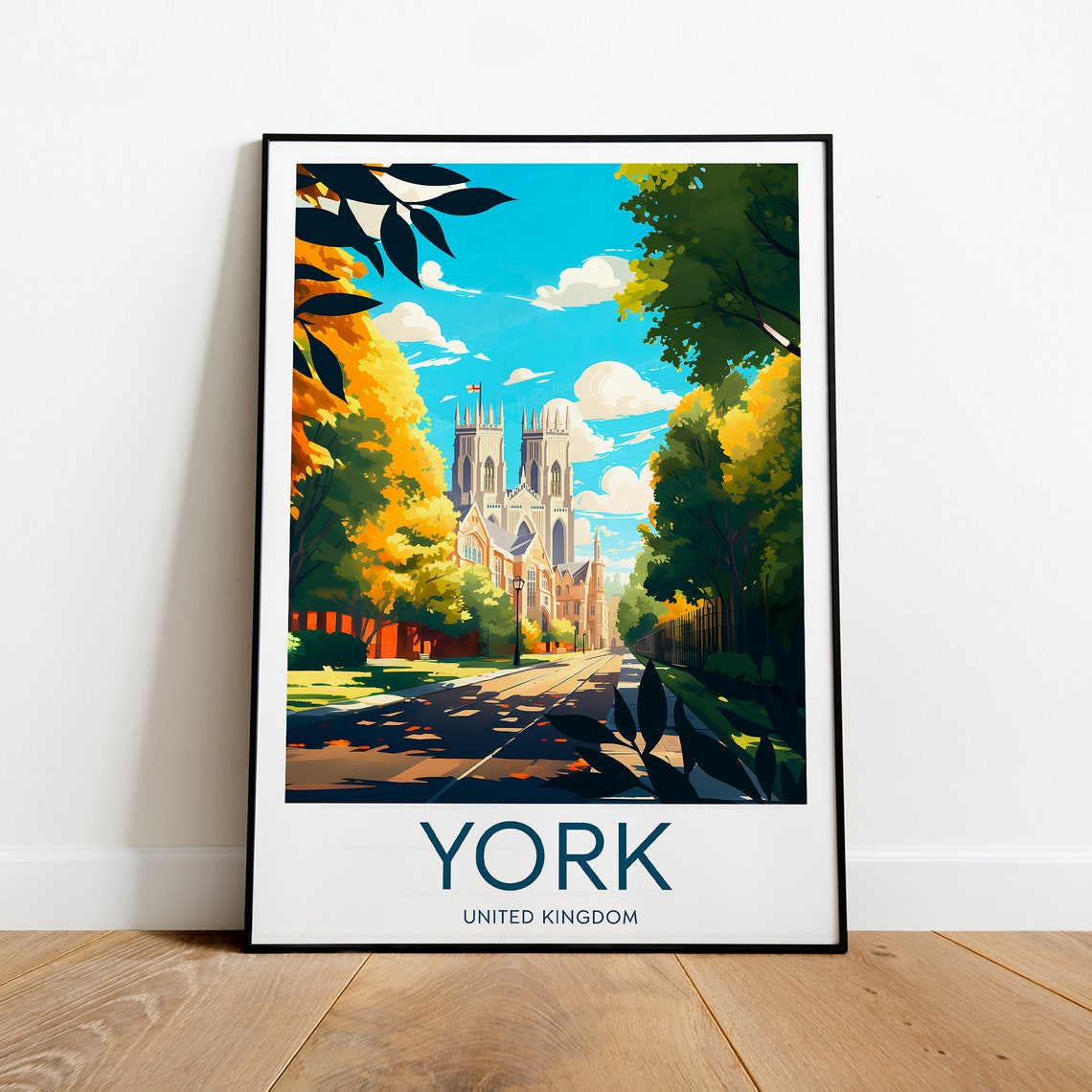 York Minster Through Golden Autumn Trees Illustrated Travel Poster - Image 2