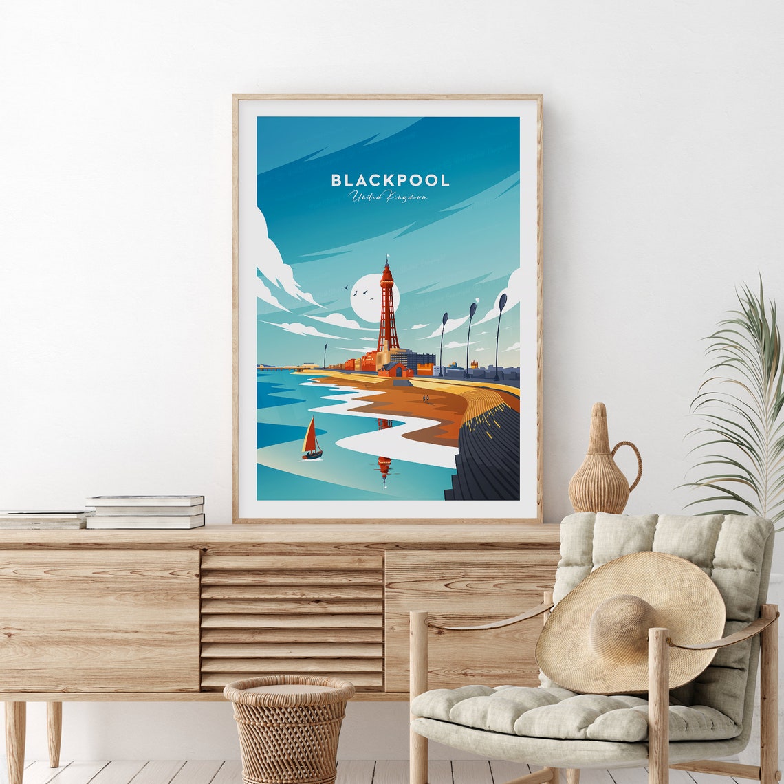 Blackpool Tower and Seaside Beach Classic Retro Travel Poster