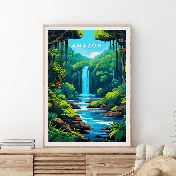 Amazon Rainforest Waterfall Lush Jungle River Nature Scene Poster