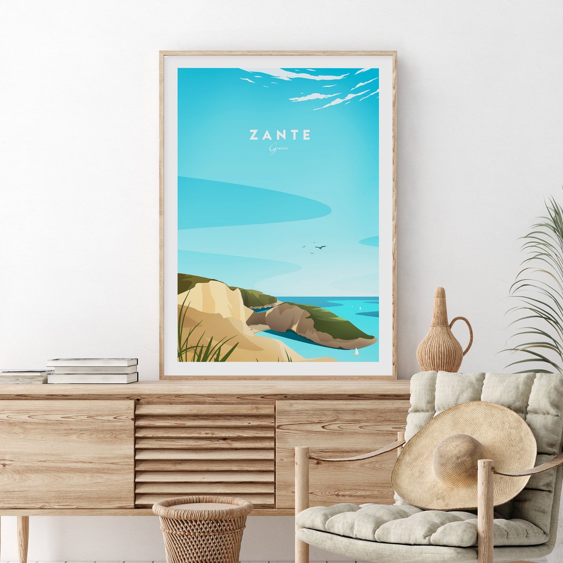 Zante Greece White Cliffs Turquoise Sea View Travel Poster Zakynthos