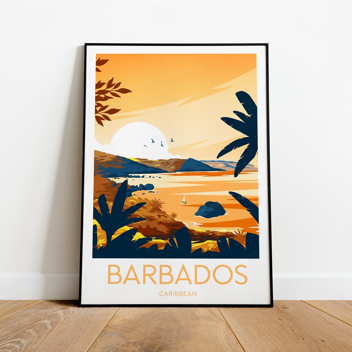 Barbados Caribbean Sunset Bay Palms Sailboat Beach Travel Poster - Image 2