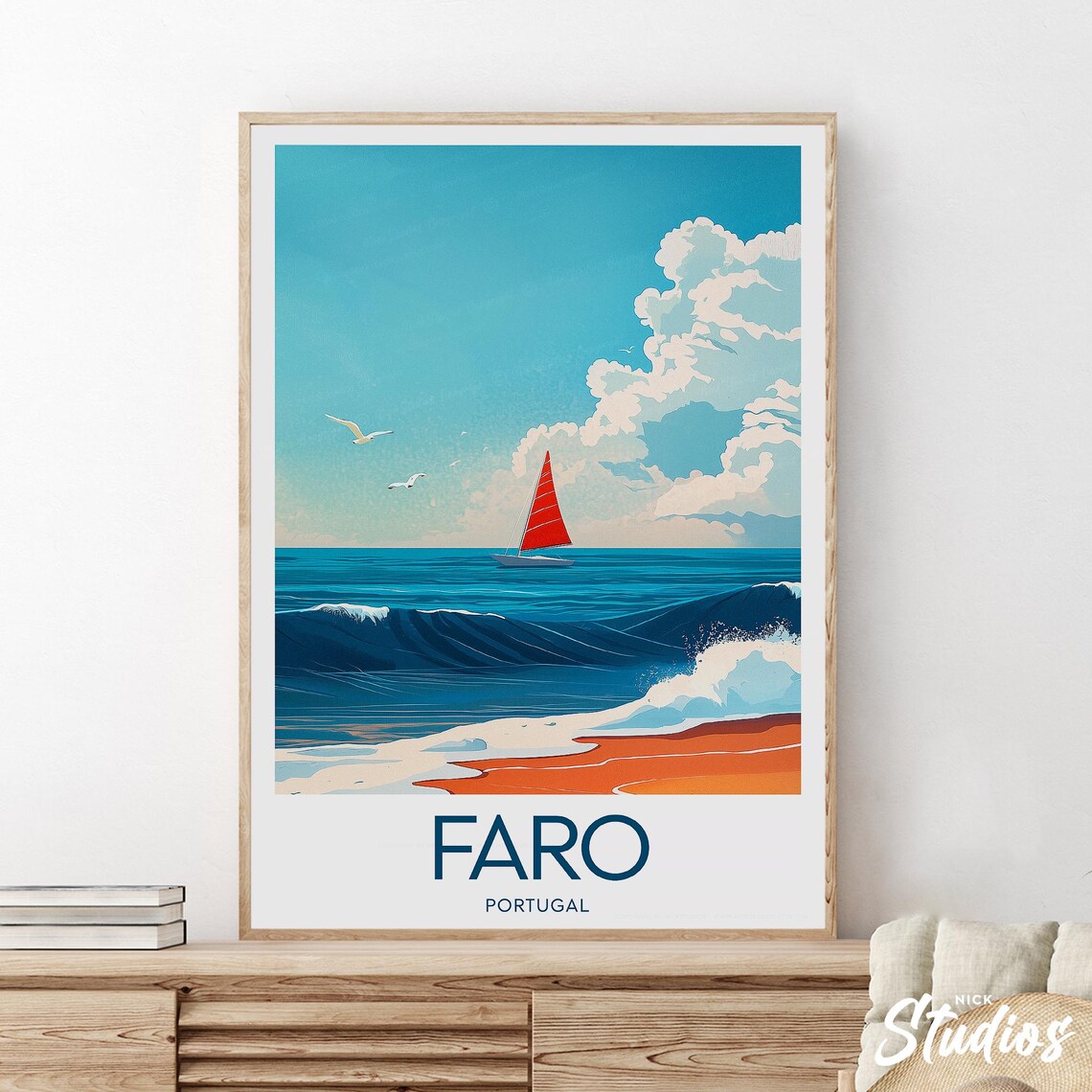Faro Portugal Modern Travel Poster Red Sailboat Ocean Waves Beach