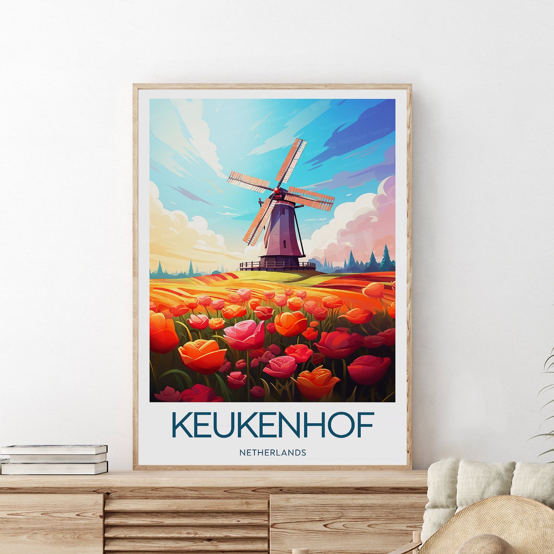 Keukenhof Netherlands Windmill Tulip Fields Spring Bloom Travel Poster