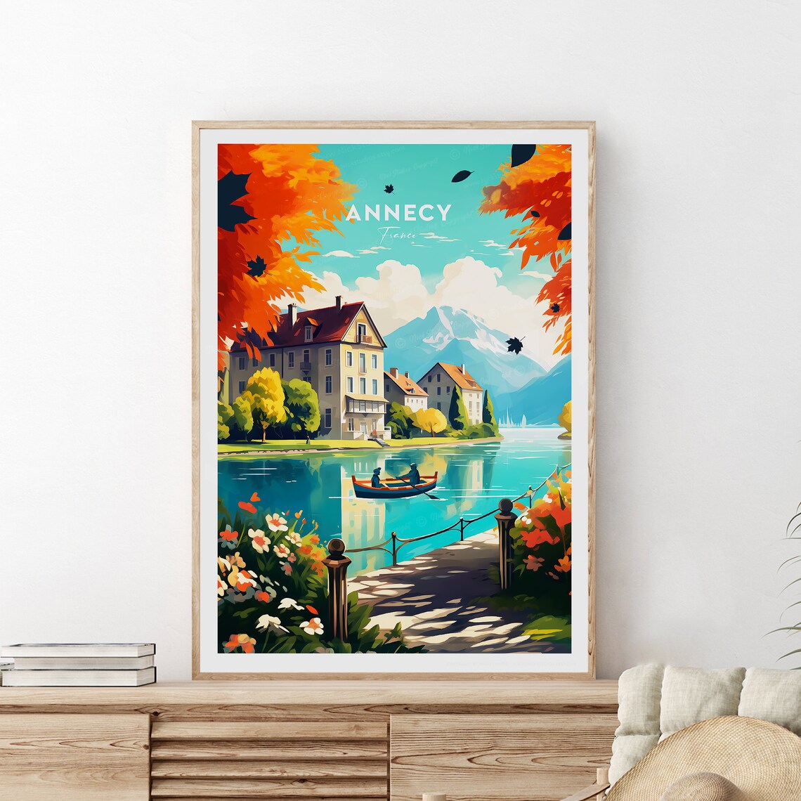 Annecy France Autumn Lake Rowboat Alpine Mountain View Poster