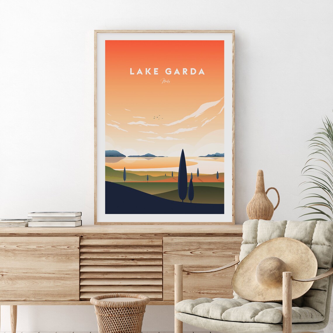 Lake Garda Italy Minimalist Sunset Cypress Hills Travel Art Poster - Image 2