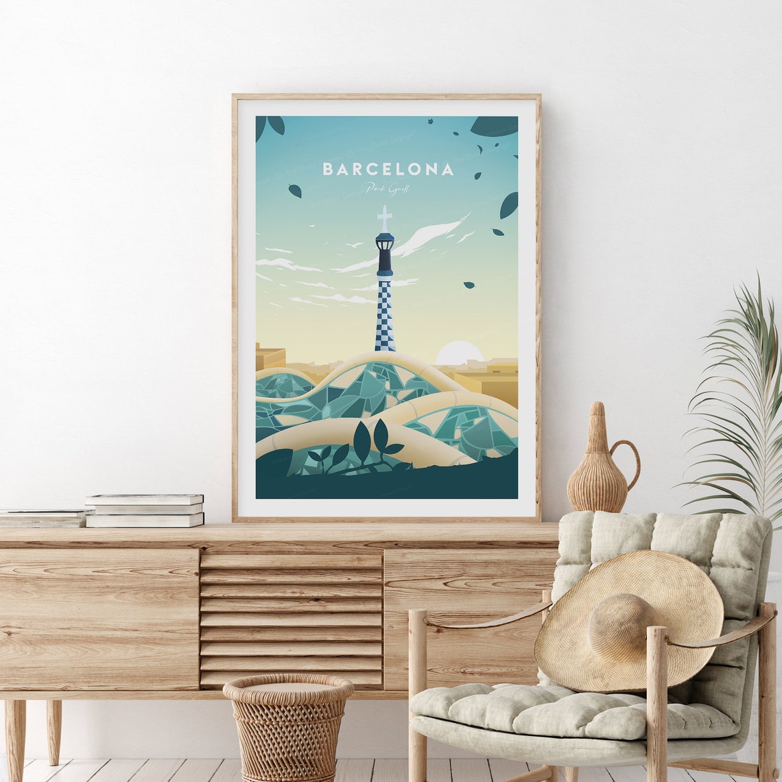 Barcelona Park Guell Mosaic Spire Sunset Terrace View Poster