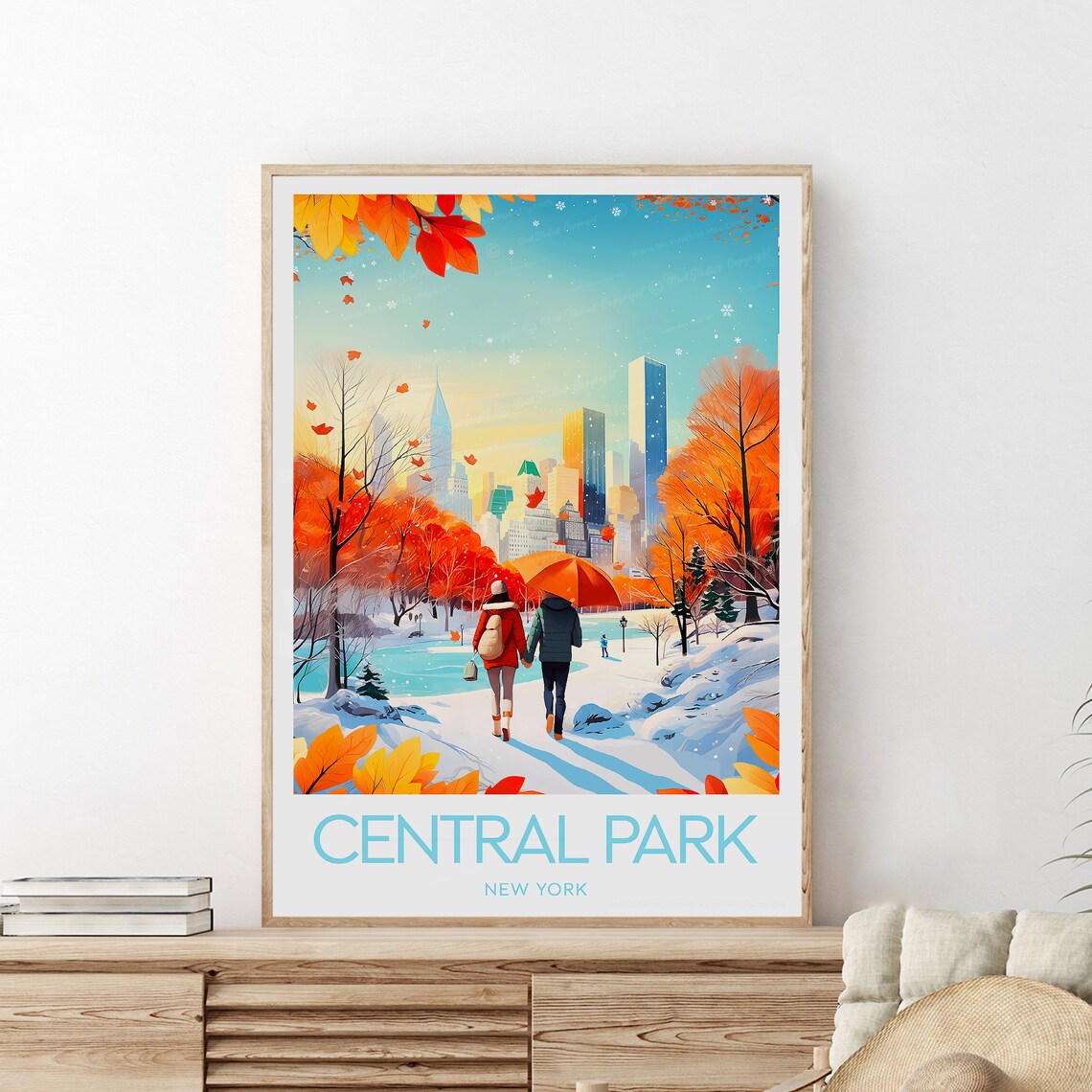 Central Park New York Autumn Foliage Couple Stroll Travel Poster