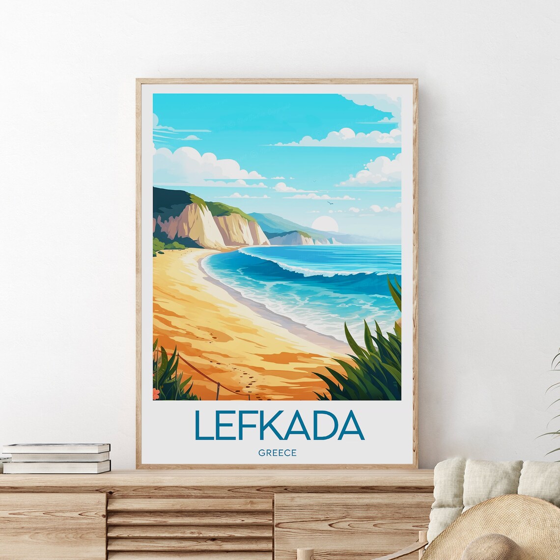 Lefkada Greece White Cliffs Sandy Beach Turquoise Sea Travel Poster - Image 2