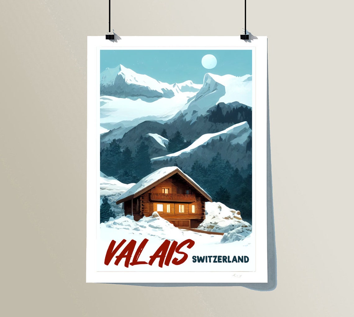 Valais Switzerland Snowy Alpine Chalet Moonlit Mountains Winter Poster - Image 3