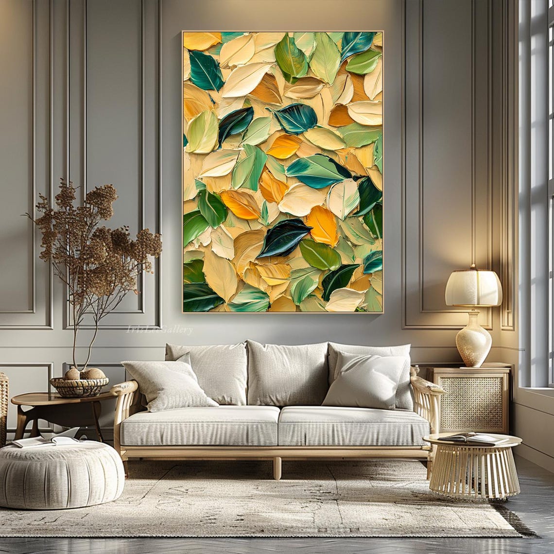 Green Cream Gold Leaves Textured Botanical Leaf Collage Art Poster - Image 4
