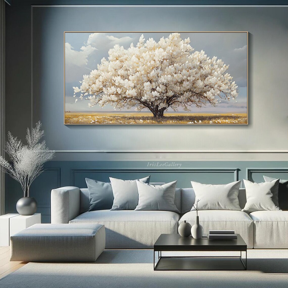 Original White Tower Tree Painting On 3d Textured Wall Art Large Texture Look Blooming Tree Art Living Room Wall Art Minimalist Decor - Image 2