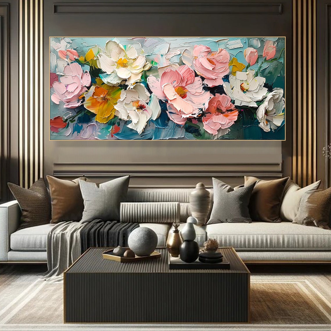 Colorful Peony Blooms Pink White Orange Impasto Floral Art Poster - Image 3