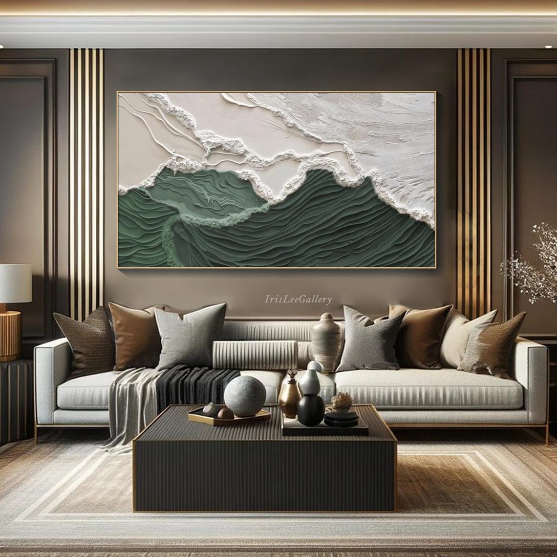 Grey White Green Layered Waves Abstract Sculpted Neutral Art Poster - Image 2