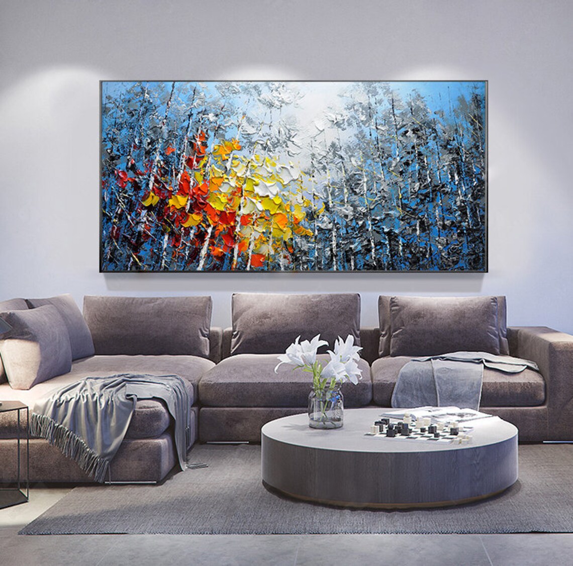 Blue Sky Colorful Forest Oil Painting Art Print - Image 2