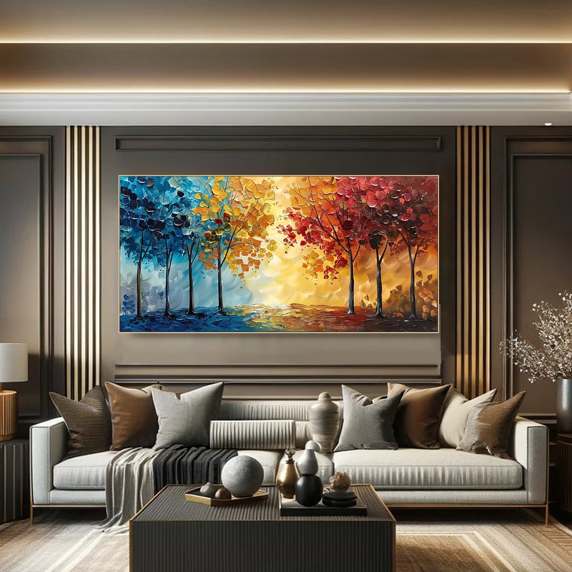 Colorful Rainbow Trees Blue Yellow Red Impasto Autumn Art Poster - Image 3