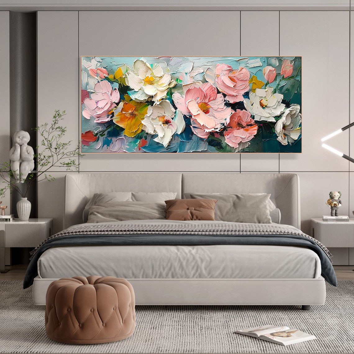 Colorful Peony Blooms Pink White Orange Impasto Floral Art Poster - Image 4