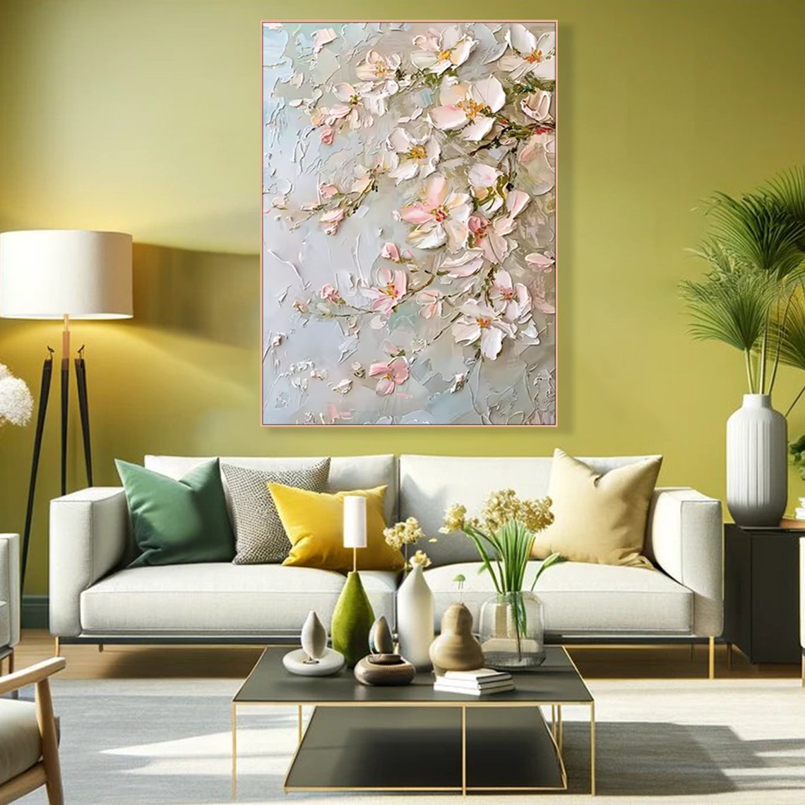 Pink Cherry Blossom Branches Textured Cream Impasto Spring Art Poster - Image 3