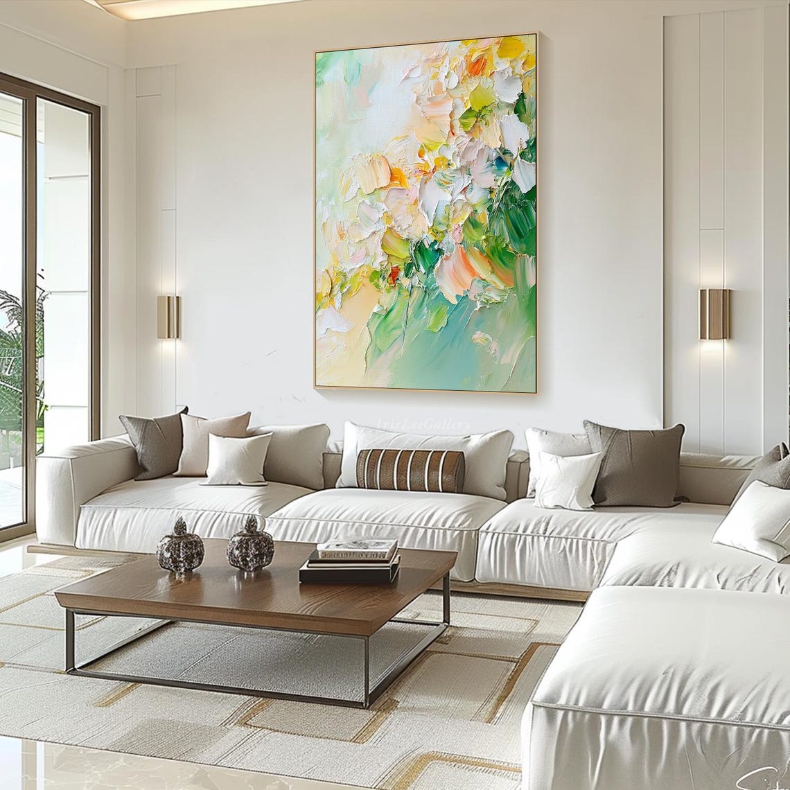 Pastel Spring Bloom Green Yellow Abstract Floral Painting Wall Art - Image 3