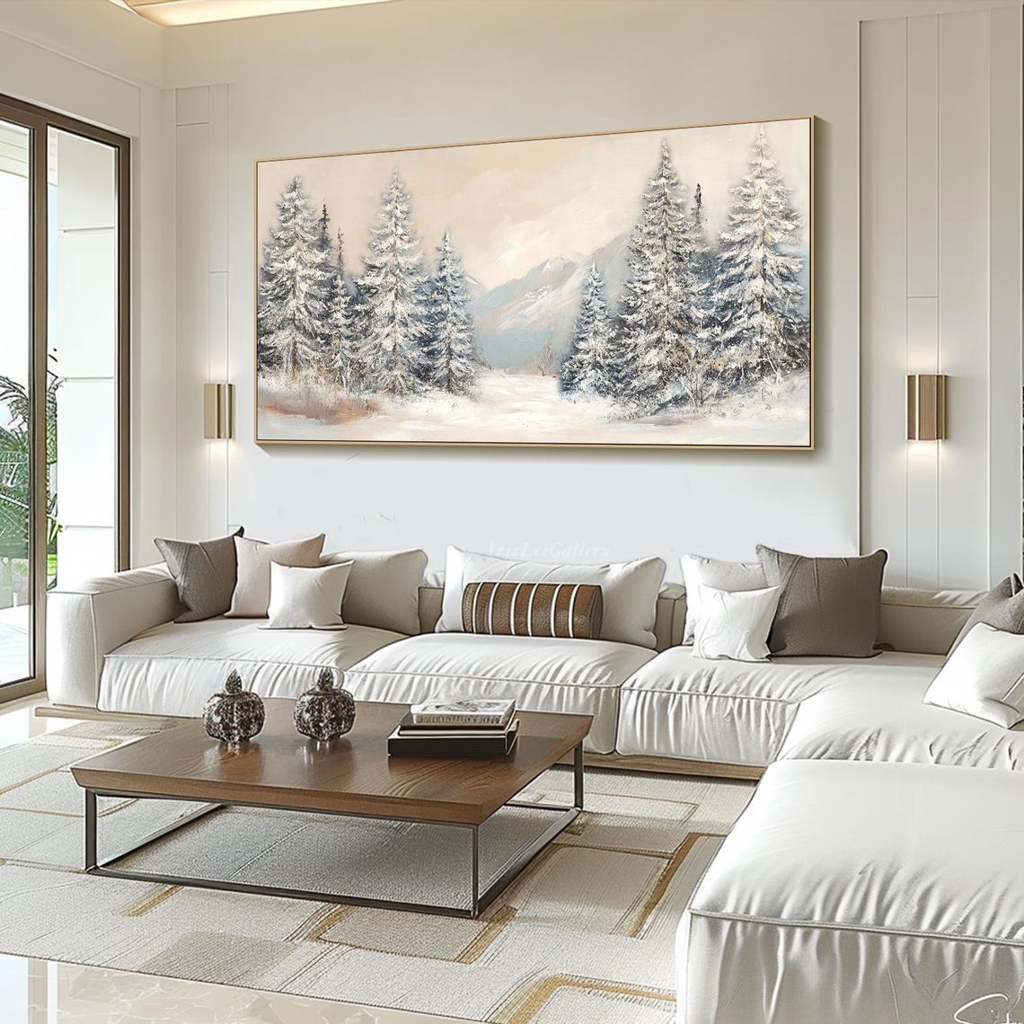 Monochrome Snowy Pine Forest Mountain Winter Painting Wall Art - Image 4