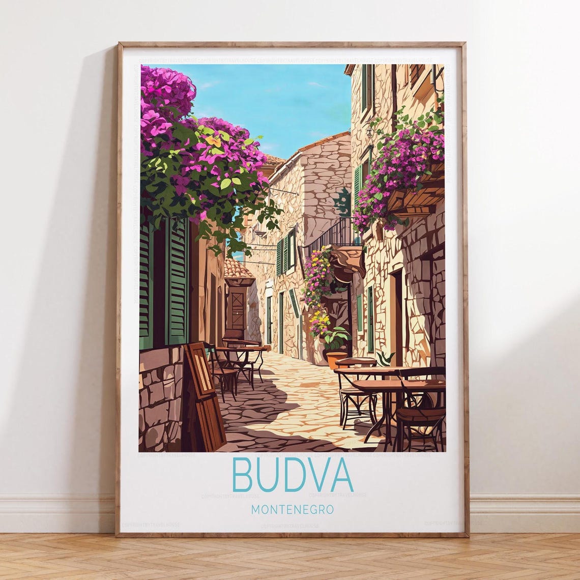 Budva Montenegro Old Town Poster with Stone Street and Flowers