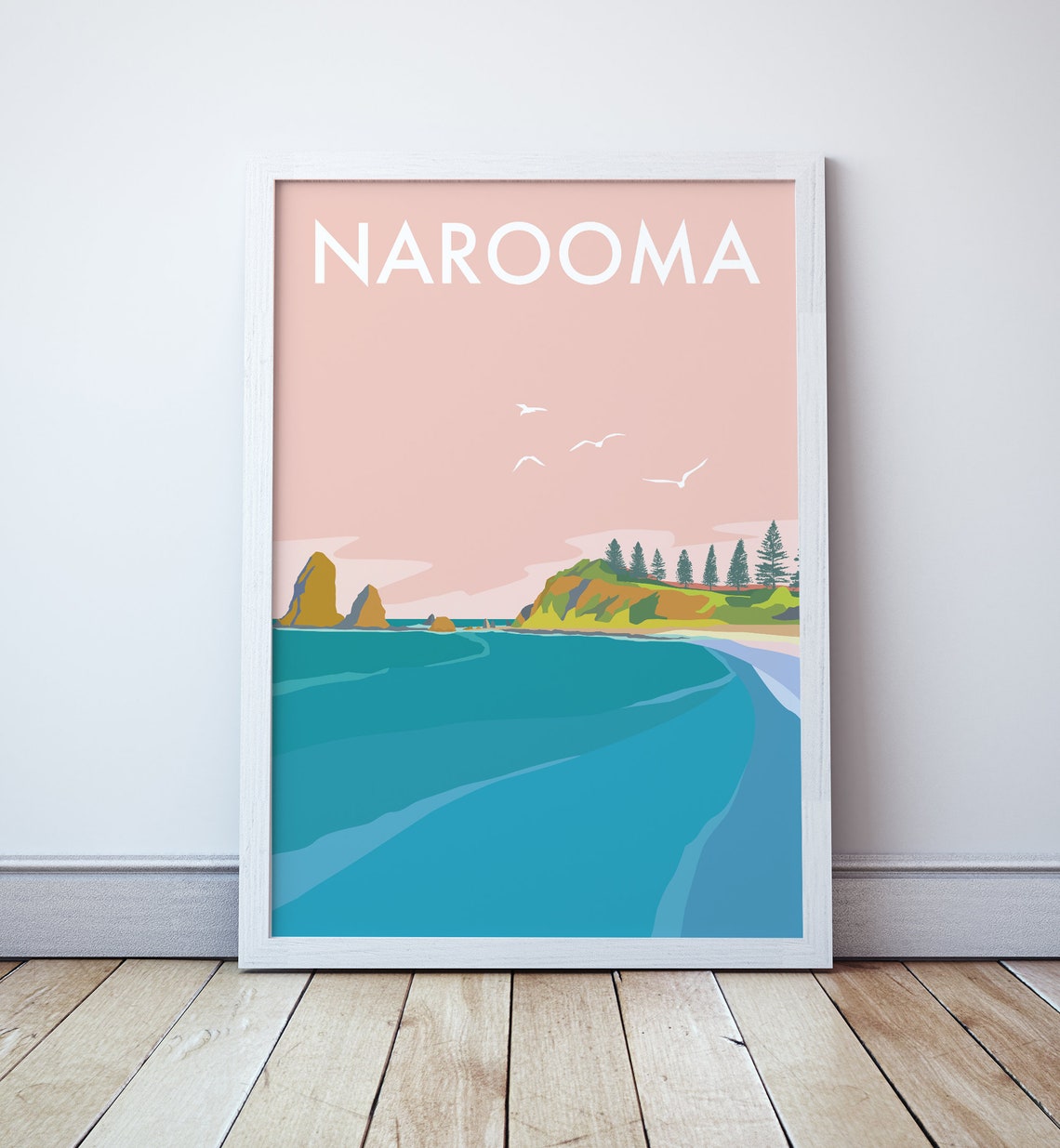 Scenic Narooma Beach Pink Sky Headland Pines Coastal Travel Poster