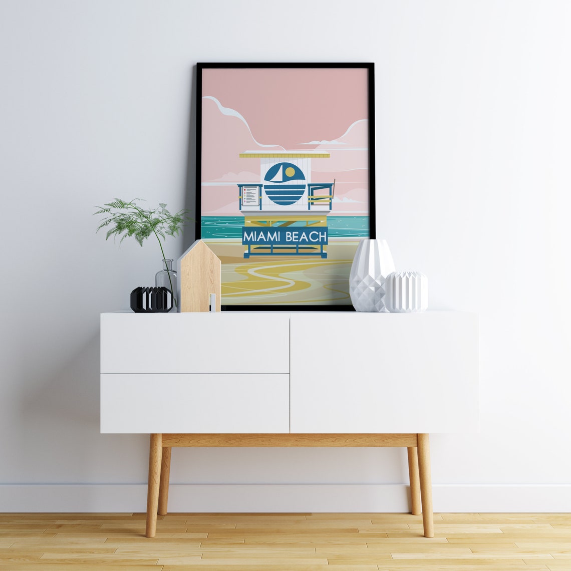 Miami Beach Lifeguard Stand Sunset Retro Art Deco Travel Poster - Image 3