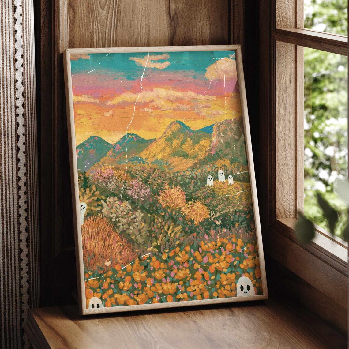 Ghosts Among Wildflowers Poster Sunset Mountain Landscape Halloween Decor