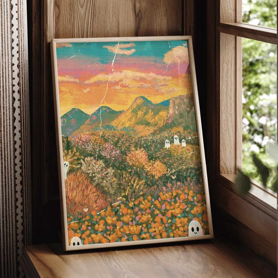 Secret Meeting Cute Halloween Print Fall Wall Decor With Mountains Sunset And Wildflowers Cozy Autumn Landscape Art