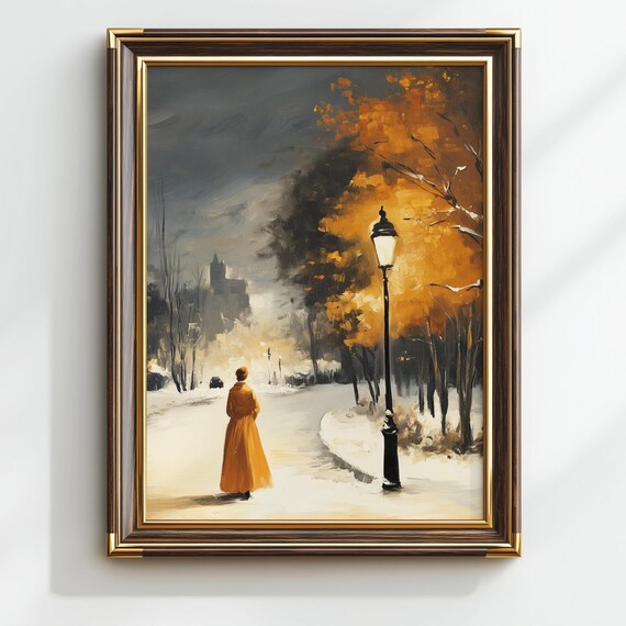 Snowy Park Woman In Orange Coat Lamppost Oil Painting Poster