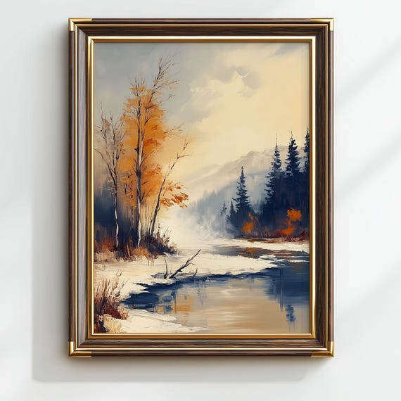 Vintage Winter River Landscape Art Print Snowy Forest Scene