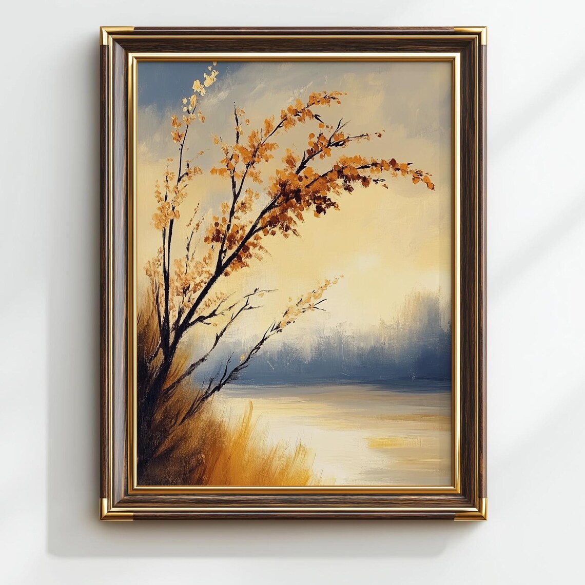 Golden Frosted Tree Branches Lakeside Sunset Minimalist Art Poster