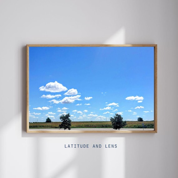 Blue Sky Country Road White Clouds Minimalist Landscape Photo Print
