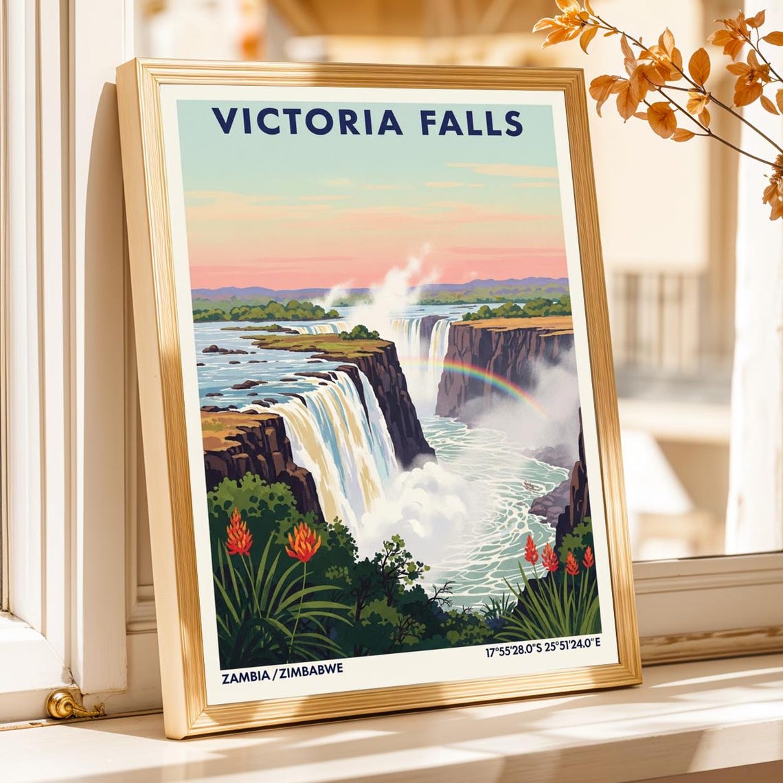 Victoria Falls Rainbow Mist Zambia Zimbabwe African Travel Poster