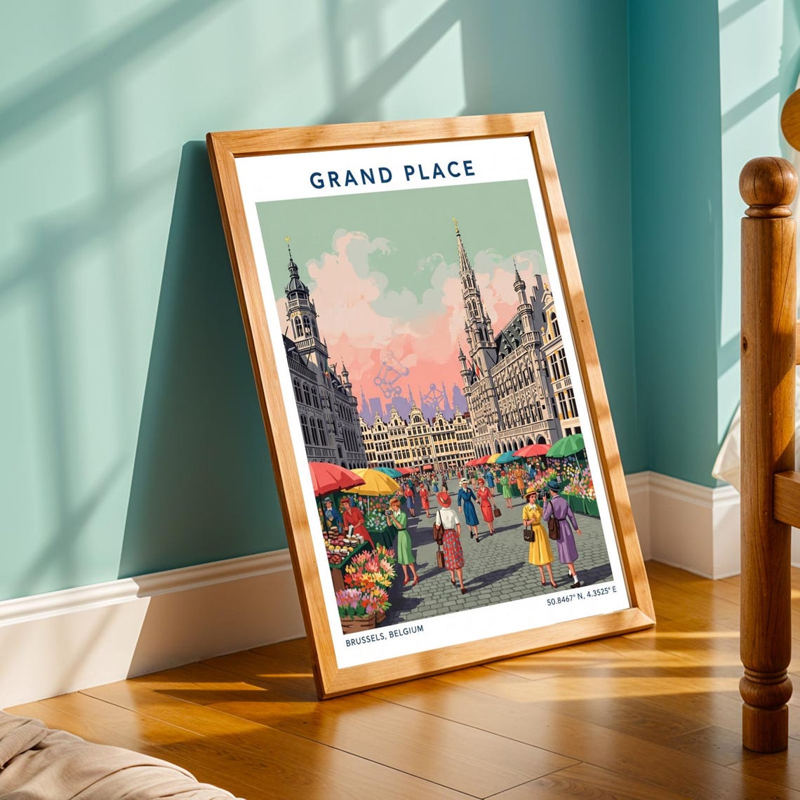Brussels Grand Place Flower Market Vintage Travel Poster Belgium