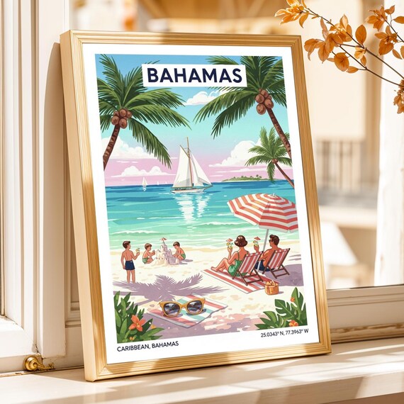 Bahamas Caribbean Beach Sailboat Retro Vintage Travel Poster