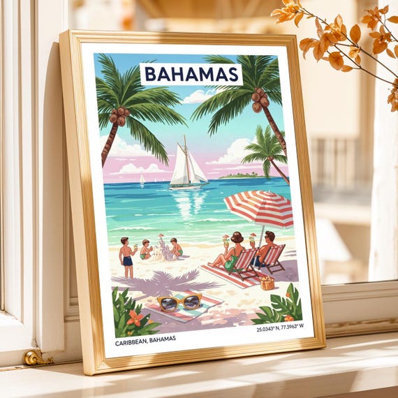 Vintage Bahamian Beach Poster Retro Tropical Island Art