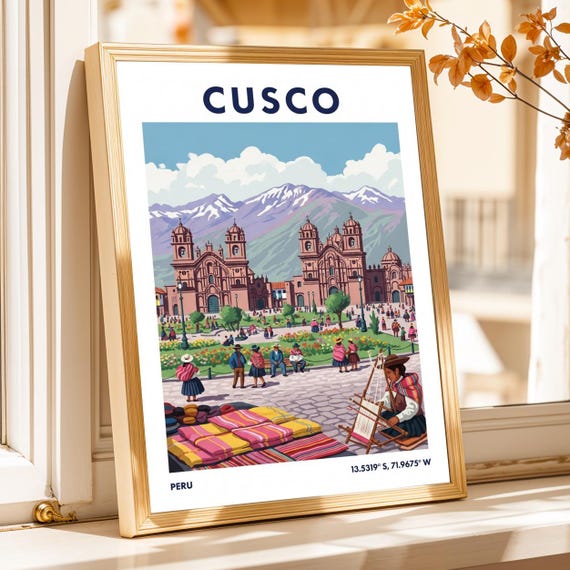 Cusco Cathedral Vintage Poster Gouache Painting Peru Travel Art
