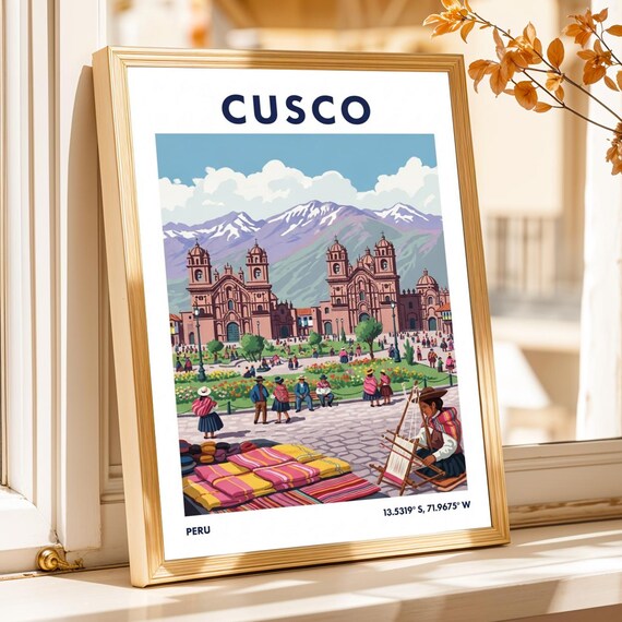 Cusco Peru Vintage Gouache Plaza De Armas Cathedral Travel Poster