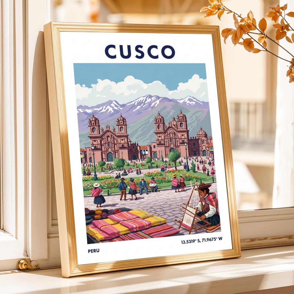 Cusco Peru Vintage Gouache Plaza De Armas Cathedral Travel Poster