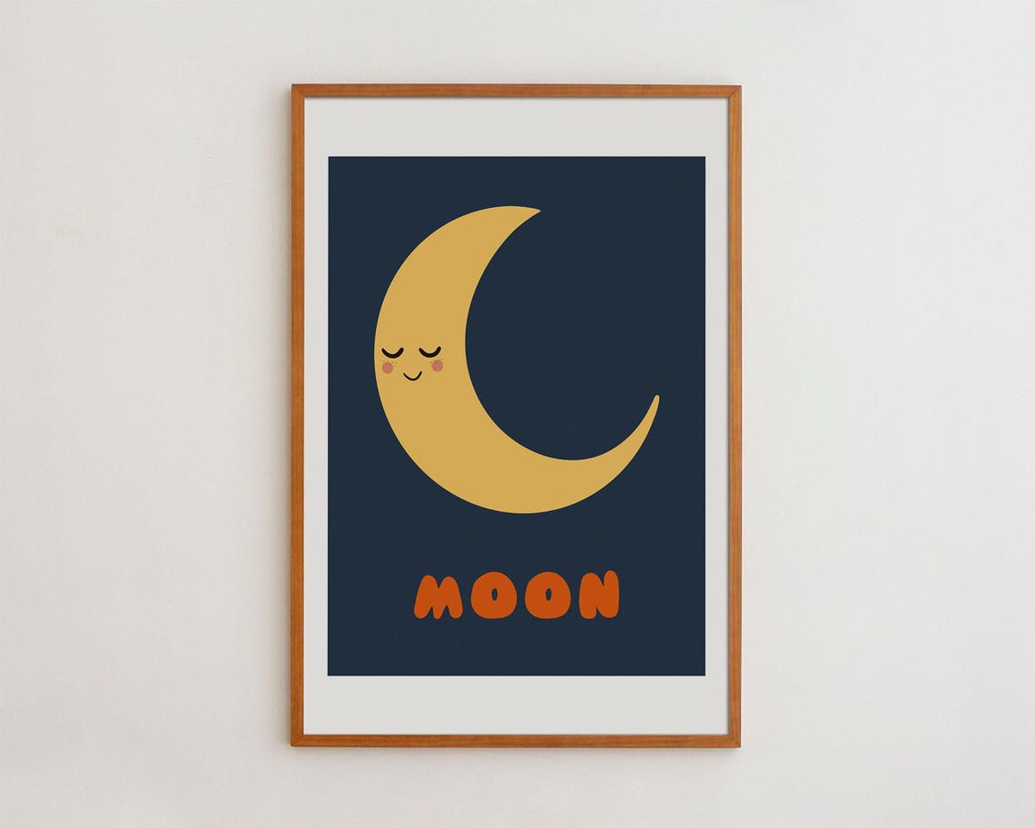 Smiling Crescent Moon Cute Navy Orange Kids Night Sky Poster