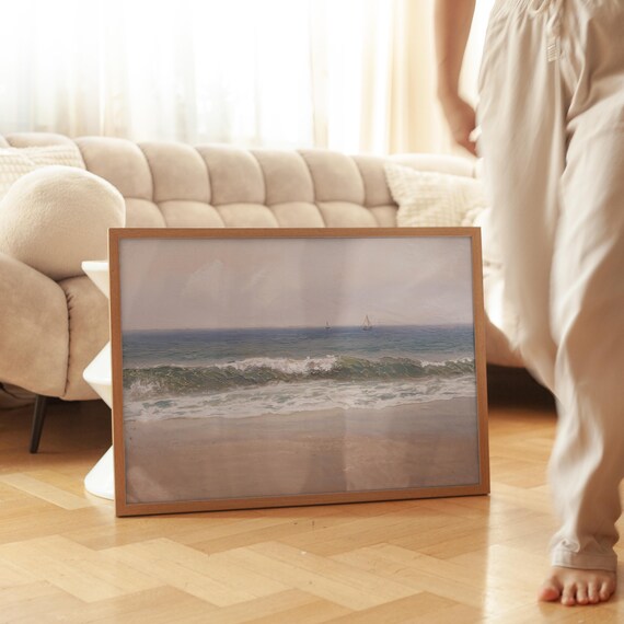 Gentle Ocean Waves and Sailboats on Calm Beach Painting Poster
