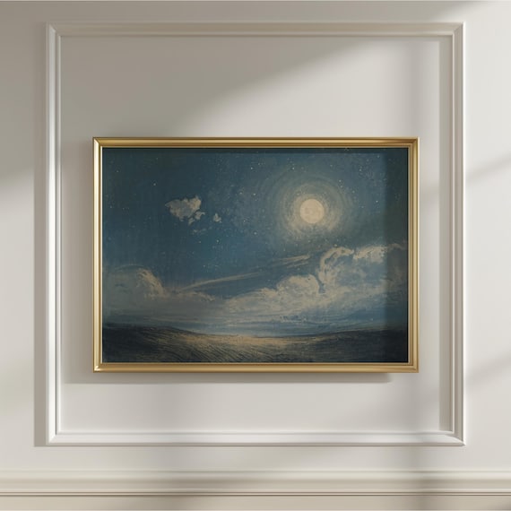 Full Moon Starry Night Sky Dark Field Vintage Oil Style Print